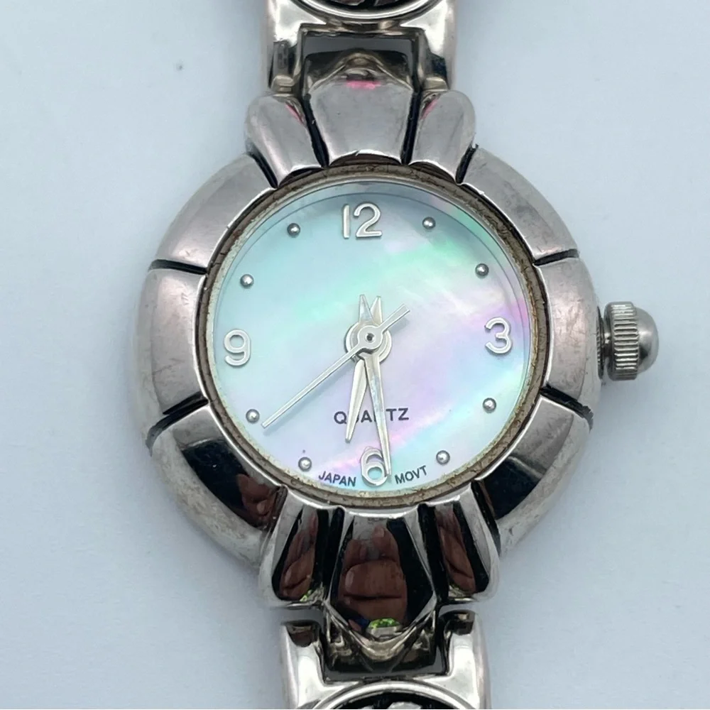 Vintage Mother of Pearl Face Watch Multi Gemstone Links Japan Quartz 7”